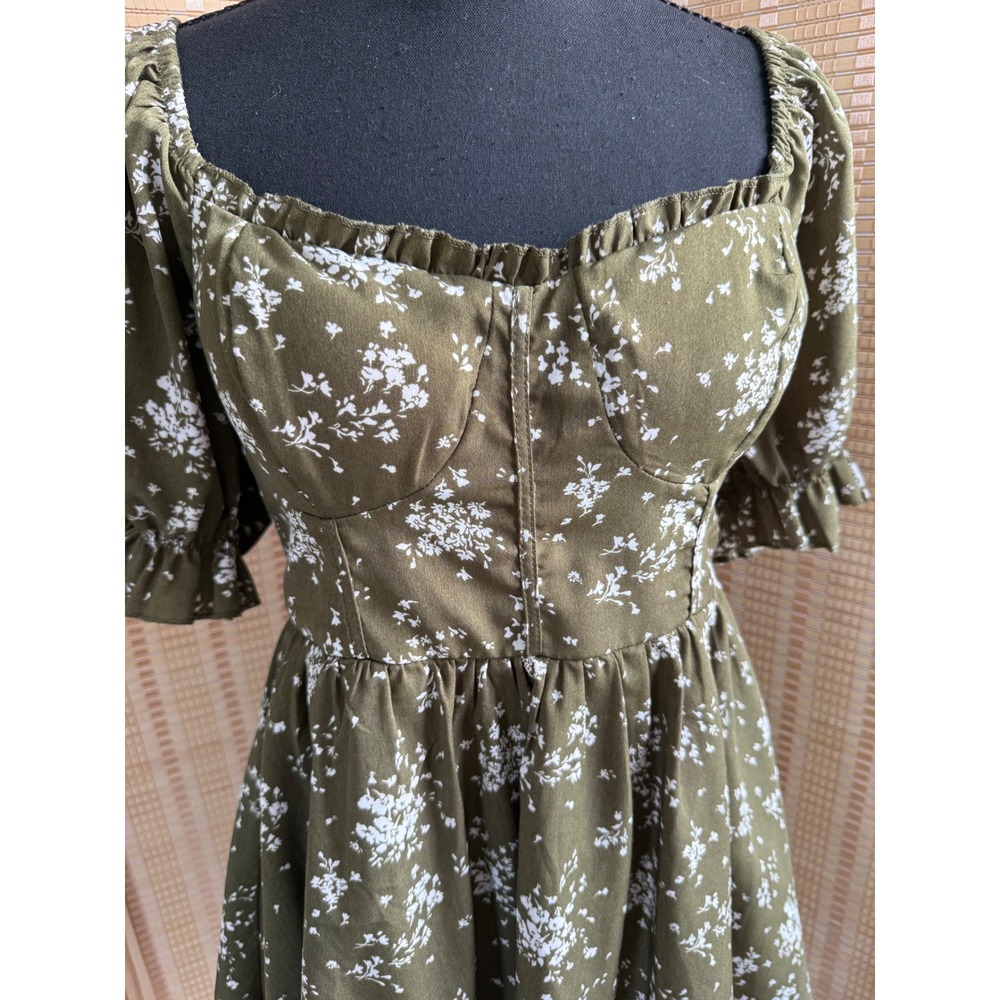 Charlotte Russe Olive Green Floral Puff Sleeve Bustier Mini Dress Large